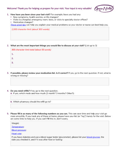 Preview: OpenNotes form for telemedicine visits